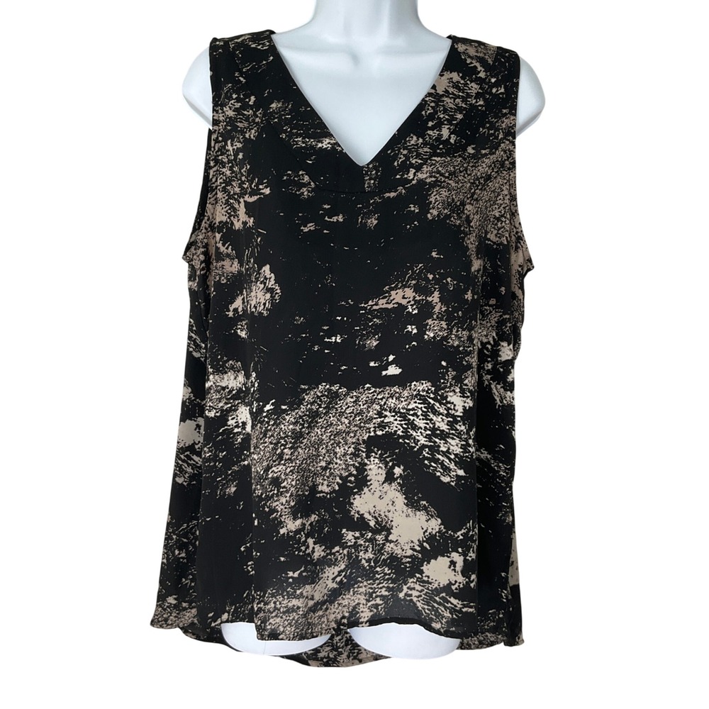 Tahari Womens Sz L Black Tan Abstract Brushstroke V-Neck Sleeveless Blouse
